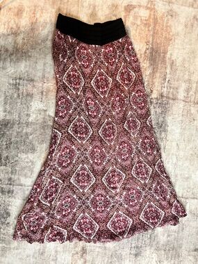 Women’s Red Patterned Maxi Skirt with Black Waistband